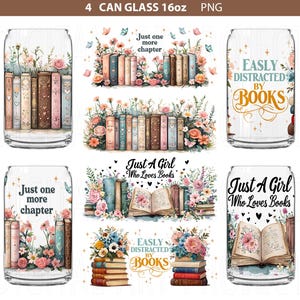 Puede incluir: Juego de cuatro vasos de 16 oz con diseños temáticos de libros. Cada vaso presenta arreglos florales y pilas de libros. El texto incluye "Just one more chapter", "Easily distracted by books" y "Just a girl who loves books".