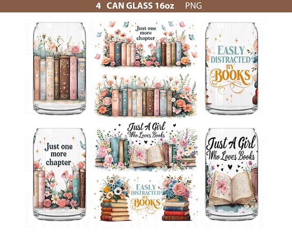 Can Glass Wrap Bundle, Books Can Glass Wrap png, Book Lover Can Glass Wraps, Book Flower Can Glass Wrap png,Can Glass png, Book Reading Png