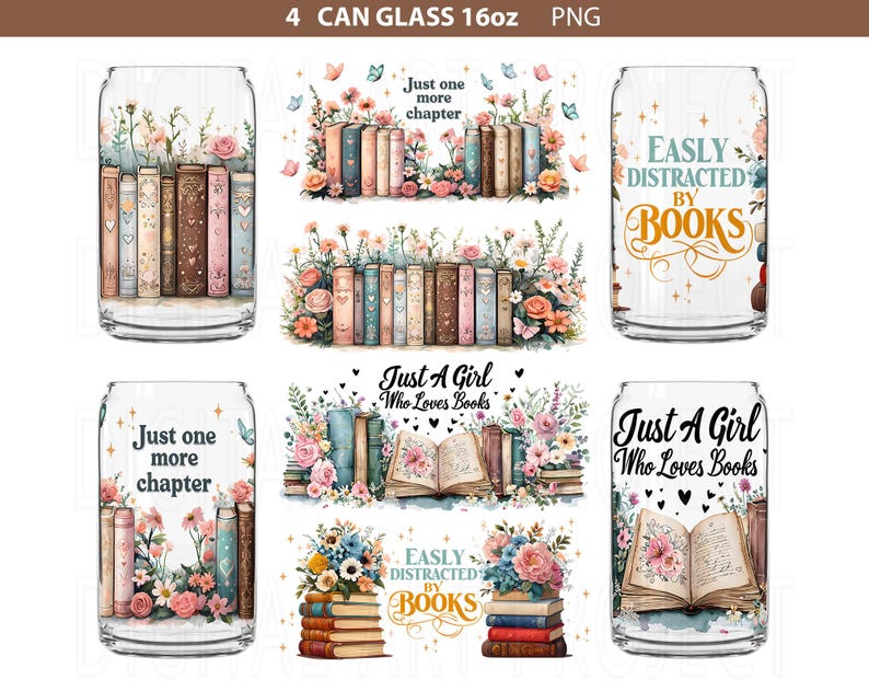 K&ouml;nnte beinhalten: Set aus vier 16oz-Can-Gl&auml;sern mit Buchmotiven. Jedes Glas zeigt Blumenarrangements und B&uuml;cherstapel. Texte sind "Just one more chapter", "Easily distracted by books" und "Just a girl who loves books".
