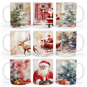 May include: Set of 10 white ceramic mugs with Christmas-themed illustrations. The mugs feature scenes of Santa Claus, reindeer, and Christmas trees. The illustrations are painted in watercolor style with a festive color palette of red, green, and white.