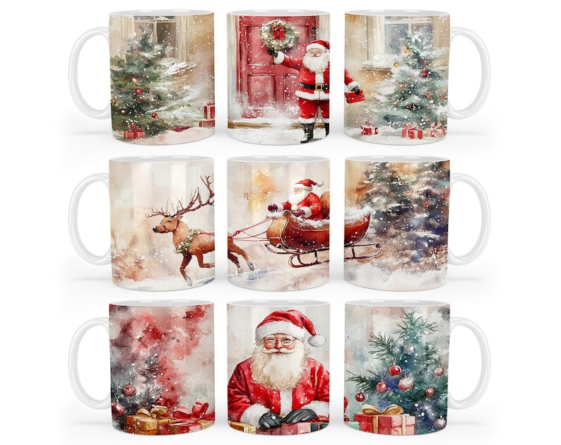 May include: Set of 10 white ceramic mugs with Christmas-themed illustrations. The mugs feature scenes of Santa Claus, reindeer, and Christmas trees. The illustrations are painted in watercolor style with a festive color palette of red, green, and white.