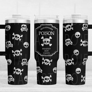 May include: Black travel mug with a silver skull and crossbones pattern. One mug features a label that reads "Homemade Poison, Deadly But Tasty." The mug has a black handle and a clear lid.