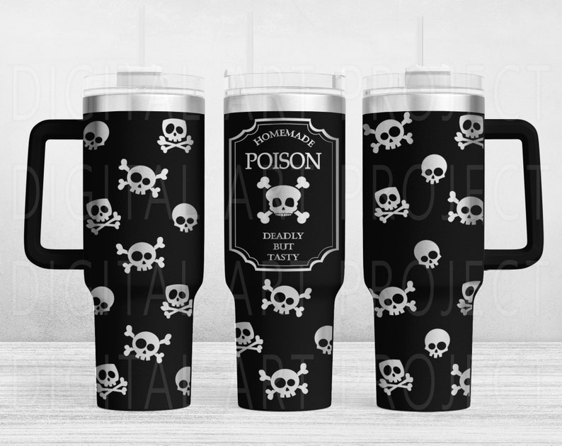 May include: Black travel mug with a silver skull and crossbones pattern. One mug features a label that reads "Homemade Poison, Deadly But Tasty." The mug has a black handle and a clear lid.