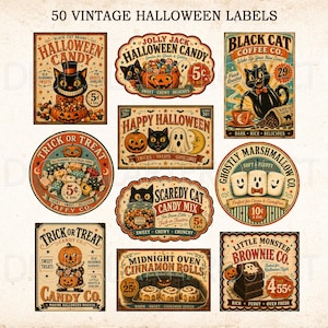 May include: A collection of 50 vintage Halloween labels featuring various illustrations including black cats, jack-o'-lanterns, ghosts, and sweets. The designs incorporate text such as Halloween Candy, Black Cat Coffee Co, Trick or Treat, and Ghostly Marshmallow Co with a retro aesthetic and warm color palette.