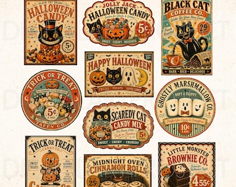 Vintage Halloween Labels PNG, Halloween Candy Labels, Halloween Printable Stickers, Retro Halloween Ephemera, Junk Journal, Packaging Labels