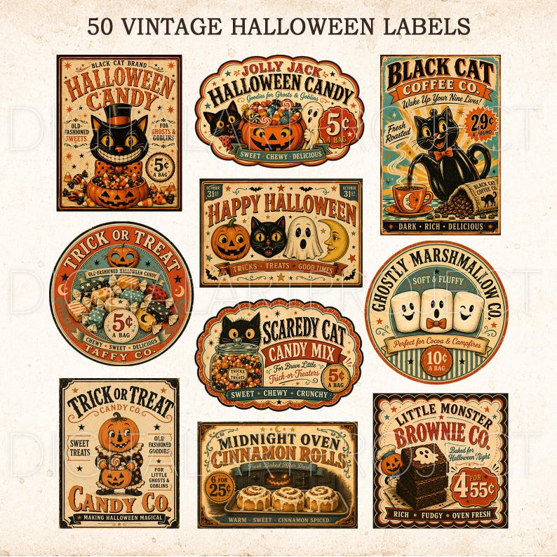 May include: A collection of 50 vintage Halloween labels featuring various illustrations including black cats, jack-o'-lanterns, ghosts, and sweets. The designs incorporate text such as Halloween Candy, Black Cat Coffee Co, Trick or Treat, and Ghostly Marshmallow Co with a retro aesthetic and warm color palette.