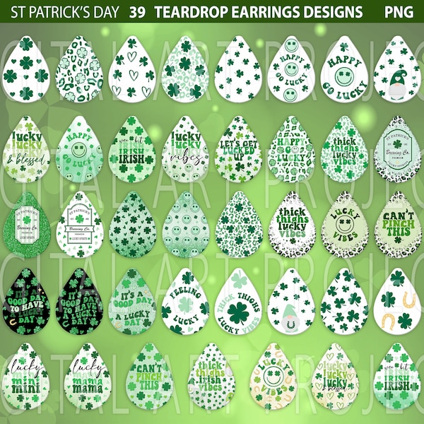 St. Patrick's Day Teardrop Earring Sublimation PNG, Lucky Designs, Irish Earring Png, Patricks Day Sublimation, Irish Vibes, Lucky Earrings