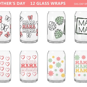 K&ouml;nnte beinhalten: Set mit 12 Glas-Wraps mit verschiedenen Designs, darunter Schmetterlinge, Herzen, Blumen und das Wort "MAMA". Die Wraps sind transparent und haben rosa, gr&uuml;ne, gelbe und schwarze Akzente. Der Text "MOTHER'S DAY" steht oben.