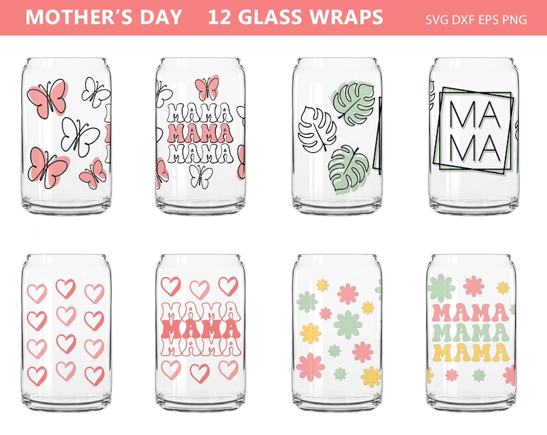 K&ouml;nnte beinhalten: Set mit 12 Glas-Wraps mit verschiedenen Designs, darunter Schmetterlinge, Herzen, Blumen und das Wort "MAMA". Die Wraps sind transparent und haben rosa, gr&uuml;ne, gelbe und schwarze Akzente. Der Text "MOTHER'S DAY" steht oben.