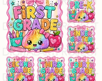 Cute Back to School Girl PNG Bundle, First Grade Girl Shirt PNG, Kindergarten, Pre-K, Second Third Fourth Grade Sublimation, Cute School Png