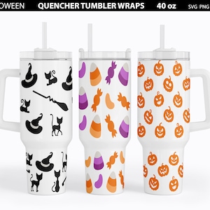 May include: Three 40 ounce white tumblers with lids and straws. The tumblers have different Halloween themed designs: black cats and witches, candy corn and candy, and orange jack-o-lanterns.