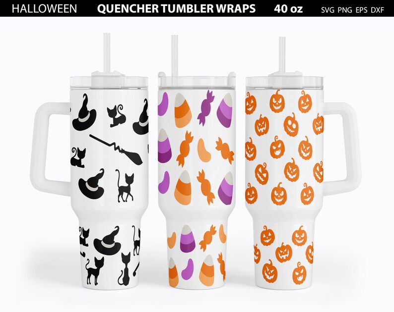 May include: Three 40 ounce white tumblers with lids and straws. The tumblers have different Halloween themed designs: black cats and witches, candy corn and candy, and orange jack-o-lanterns.
