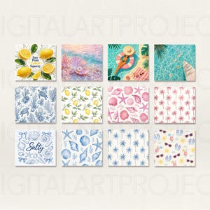 Puede incluir: Una colecci&oacute;n de doce impresiones art&iacute;sticas cuadradas con tem&aacute;tica de verano. Las impresiones presentan ilustraciones de limones, conchas marinas, palmeras y escenas de playa. Algunas impresiones incluyen texto como "Easy Peasy Lemon Squeezy" y "Salty."