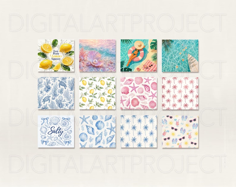 Puede incluir: Una colecci&oacute;n de doce impresiones art&iacute;sticas cuadradas con tem&aacute;tica de verano. Las impresiones presentan ilustraciones de limones, conchas marinas, palmeras y escenas de playa. Algunas impresiones incluyen texto como "Easy Peasy Lemon Squeezy" y "Salty."