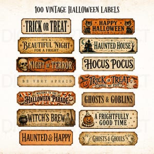 Może przedstawiać: Kolekcja 100 etykiet w stylu vintage na Halloween, zawierająca pomarańczowo-czarne prostokątne wzory z napisami takimi jak Trick or Treat, Happy Halloween, Haunted House, Night of Terror, Hocus Pocus, Witch's Brew oraz Ghosts and Goblins.