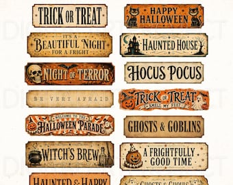 Halloween Word Strips PNG, Vintage Halloween Labels, Scrapbook Labels, Paper Craft, Printable Ephemera, Junk Journal Words, Spooky Sayings