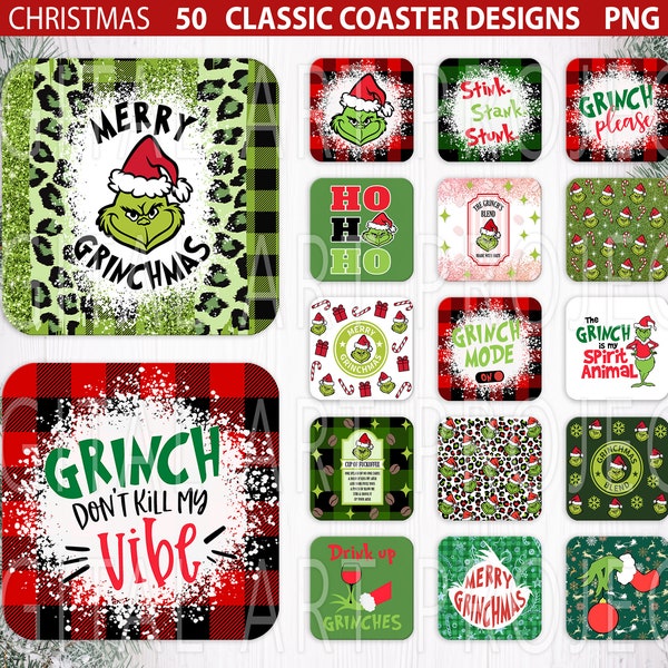 Christmas Square Coasters, Chrismas Cup Coaster png, Green Face Png, Christmas Coaster Sublimation, Leopard, Cheetah, Christmas Sublimation