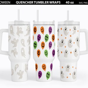 May include: Three 40 ounce white tumblers with lids and straws. The tumblers have different Halloween themed designs: ghosts, jack-o-lanterns, and balloons.  SVG PNG EPS DXF