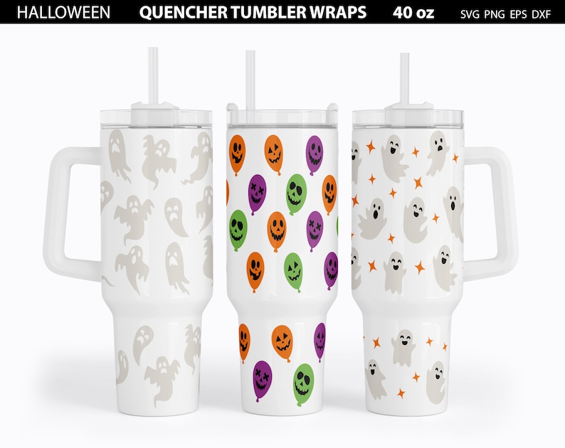 May include: Three 40 ounce white tumblers with lids and straws. The tumblers have different Halloween themed designs: ghosts, jack-o-lanterns, and balloons.  SVG PNG EPS DXF
