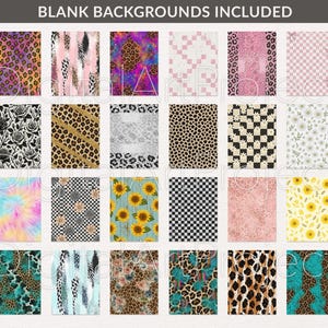 Pode incluir: Uma cole&ccedil;&atilde;o de fundos digitais com v&aacute;rios padr&otilde;es. Os designs incluem estampas de leopardo, penas, florais, tie-dye, xadrez e girass&oacute;is. O texto "BLANK BACKGROUNDS INCLUDED" est&aacute; na parte superior da imagem.