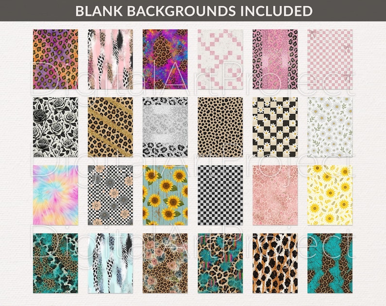 Pode incluir: Uma cole&ccedil;&atilde;o de fundos digitais com v&aacute;rios padr&otilde;es. Os designs incluem estampas de leopardo, penas, florais, tie-dye, xadrez e girass&oacute;is. O texto "BLANK BACKGROUNDS INCLUDED" est&aacute; na parte superior da imagem.
