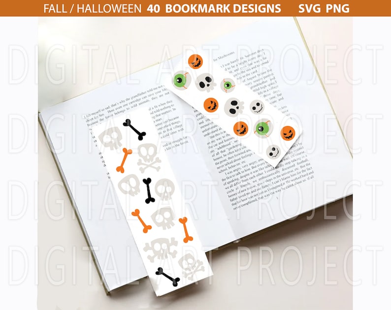Puede incluir: Un conjunto de 40 dise&ntilde;os de marcap&aacute;ginas de Halloween con calaveras, huesos y ojos. Los dise&ntilde;os son en negro, blanco, naranja y verde. Los marcap&aacute;ginas est&aacute;n impresos en cartulina blanca y est&aacute;n listos para recortar y usar.