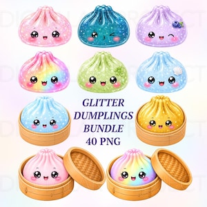 May include: A digital collection of glittery dumpling illustrations featuring various colours and facial expressions, some placed in bamboo steamers. The text reads GLITTER DUMPLINGS BUNDLE 40 PNG. These graphic elements display sparkling textures and cute faces.