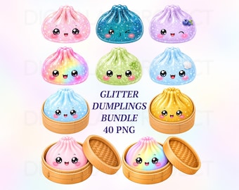 Glitter Dumpling Clipart Bundle PNG, Kawaii Dumpling PNG, Cute Food Clipart, Rainbow Glitter Dumplings, Dumplings Sublimation, Glitter Png