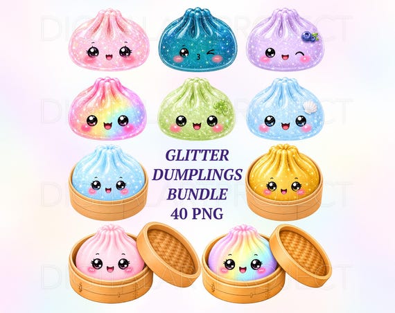 Glitter Dumpling Clipart Bundle PNG, Kawaii Dumpling PNG, Cute Food Clipart, Rainbow Glitter Dumplings, Dumplings Sublimation, Glitter Png