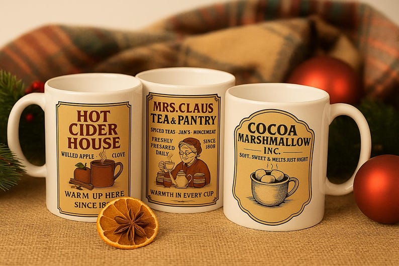 May include: Three white ceramic mugs with festive labels. One reads "Hot Cider House" with apple and clove illustrations. Another says "Mrs. Claus Tea & Pantry." The third mug is labeled "Cocoa Marshmallow Inc."