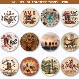 Könnte beinhalten: Zwölf runde Untersetzer mit Western-Motiven. Designs umfassen Cowboyhüte, Stiefel, Pferde und die Sätze "Howdy", "Wild Cowboy" und "Boots on the Ground". Die Untersetzer weisen eine Vielzahl von Farben und Illustrationen auf.