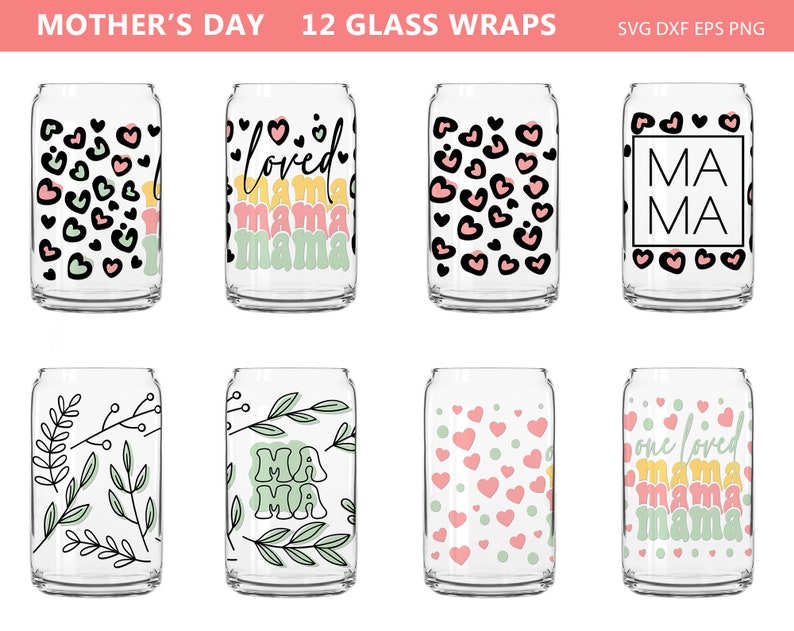 K&ouml;nnte beinhalten: Eine Sammlung von 12 Glasverpackungen mit verschiedenen Designs. Einige Wraps zeigen Leopardenmuster, Herzen und florale Muster. Andere Wraps haben die W&ouml;rter "loved mama" und "mama" in einer Retro-Schriftart. Der Text "Mother's Day" steht oben.