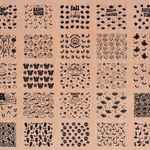 May include: A collection of black and white Halloween-themed designs. The designs include pumpkins, bats, ghosts, and phrases like "Hello Fall" and "Autumn Vibes". The patterns are arranged on a light brown background.