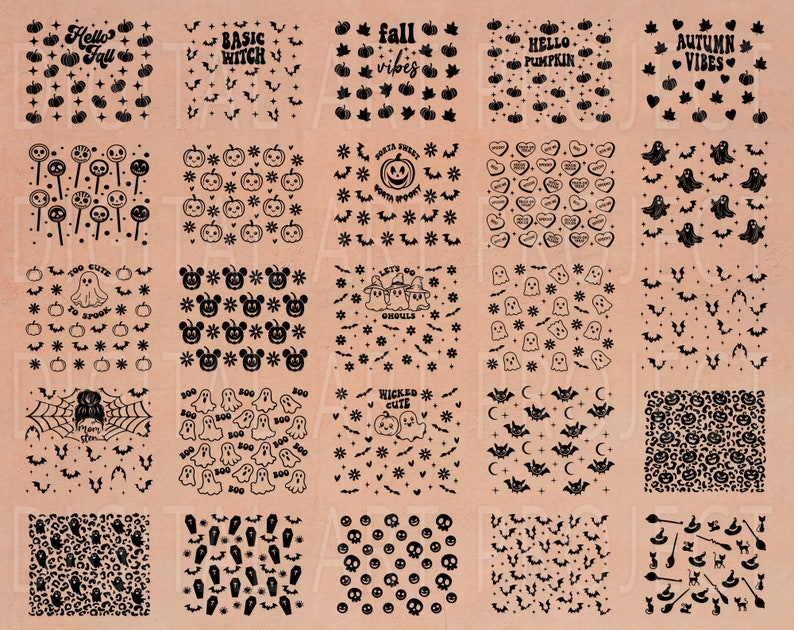 May include: A collection of black and white Halloween-themed designs. The designs include pumpkins, bats, ghosts, and phrases like "Hello Fall" and "Autumn Vibes". The patterns are arranged on a light brown background.
