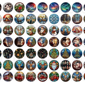 Puede incluir: Una colecci&oacute;n de im&aacute;genes redondas con tem&aacute;tica navide&ntilde;a. Las im&aacute;genes presentan a Pap&aacute; Noel, renos, paisajes invernales, &aacute;rboles de Navidad y otros elementos festivos. La obra de arte est&aacute; en un estilo de vidriera con colores vibrantes.