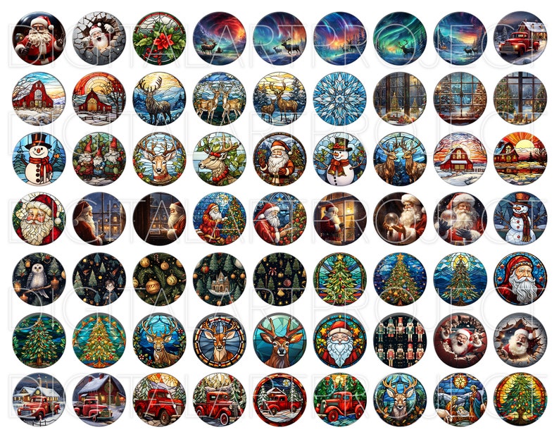 Puede incluir: Una colecci&oacute;n de im&aacute;genes redondas con tem&aacute;tica navide&ntilde;a. Las im&aacute;genes presentan a Pap&aacute; Noel, renos, paisajes invernales, &aacute;rboles de Navidad y otros elementos festivos. La obra de arte est&aacute; en un estilo de vidriera con colores vibrantes.