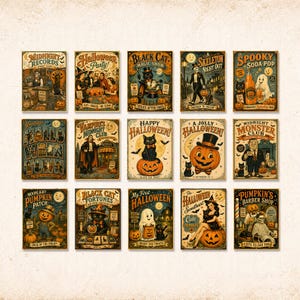 May include: A collection of fifteen vintage-style Halloween posters featuring illustrations of pumpkins, black cats, ghosts, skeletons, and vampires. Each rectangular print displays unique text titles like Midnight Records, Black Cat Magic Show, and Pumpkin's Barber Shop with a warm, aged color palette.