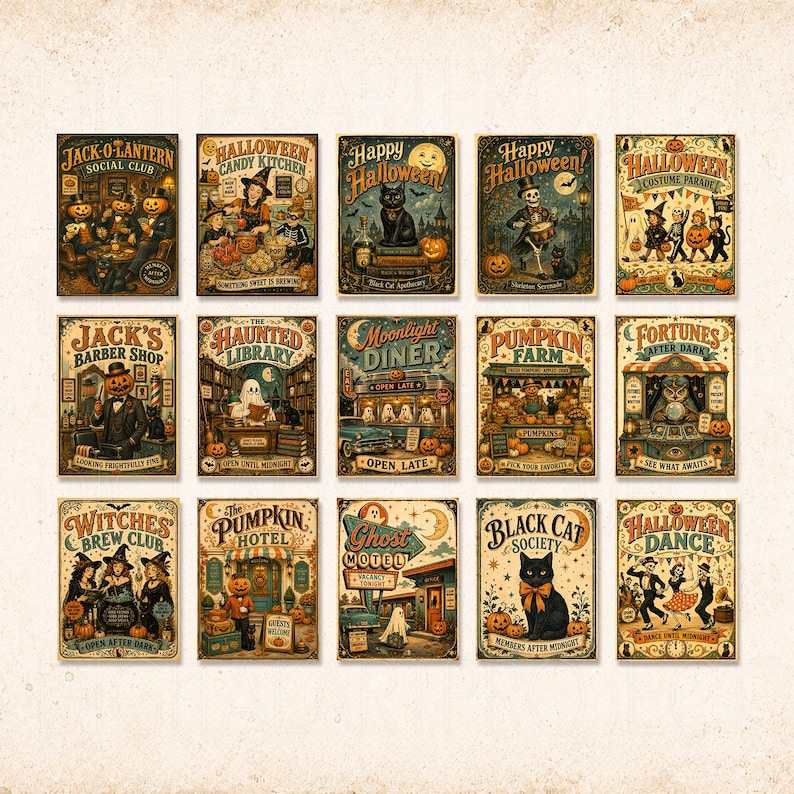 May include: A collection of fifteen rectangular vintage-style Halloween posters featuring various scenes including a Jack-O-Lantern Social Club, Haunted Library, Pumpkin Farm, and Black Cat Society, all with detailed illustrations and text.