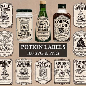 Puede incluir: Una colección de etiquetas de pociones con diseños vintage. Las etiquetas presentan textos como "Veneno de serpiente", "Poción de amor" y "Cerveza zombi". La imagen incluye botellas y frascos con varias etiquetas, perfectas para Halloween o proyectos de fantasía.