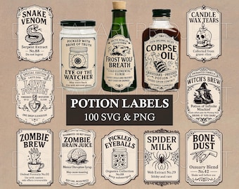 Potion Bottle Labels Svg, Hallowen Svg, Witchcraft, Halloween Potion, Apothecary Png, Halloween Spell Jar Labels, Witchs Brew, Vintage Label