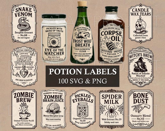 Potion Bottle Labels Svg, Hallowen Svg, Witchcraft, Halloween Potion, Apothecary Png, Halloween Spell Jar Labels, Witchs Brew, Vintage Label