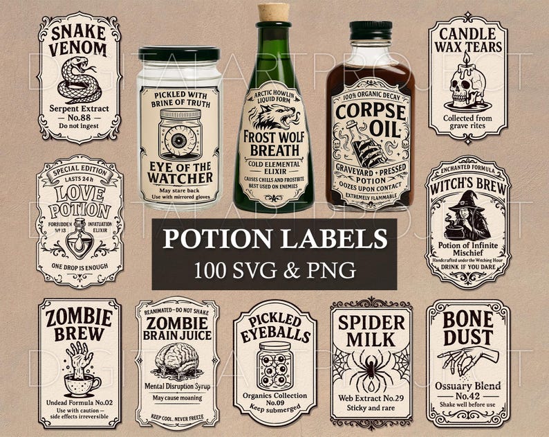 May include: A collection of potion labels with vintage designs. The labels feature text such as "Snake Venom," "Love Potion," and "Zombie Brew." The image includes bottles and jars with various labels, perfect for Halloween or fantasy-themed projects.