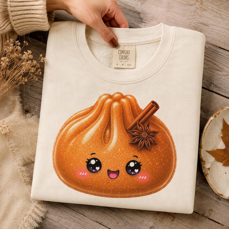 May include: A cream-colored crewneck sweatshirt featuring a graphic of a golden-brown dumpling with a smiling face, pink cheeks, and large eyes. A cinnamon stick and a star anise are placed on top of the dumpling illustration. The inner neck label reads COMFORT COLORS.