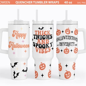 May include: Three white 40 ounce tumbler wraps with different Halloween designs. The first wrap says "Happy Halloween" with a retro font and stars. The second wrap says "Thick Thighs and Spooky Vibes". The third wrap says "Halloweentown University est. 1998" with a pumpkin pattern.
