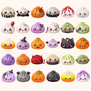 May include: A collection of thirty illustrated dumpling characters with various Halloween-themed designs, including pumpkins, ghosts, monsters, and costumed figures. Each dumpling features a round shape, large expressive eyes, and a smiling mouth.