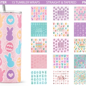 May include: 15 Easter-themed tumbler wraps featuring various designs with bunnies, eggs, and Easter sayings. The designs include "Happy Easter", "Mini Bunny Sunday", "Don't Be Hoppy", "He is Risen", and more. The wraps are designed for straight and tapered tumblers.