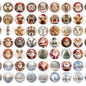 Puede incluir: Una colecci&oacute;n de im&aacute;genes redondas con tem&aacute;tica navide&ntilde;a. Los dise&ntilde;os incluyen a Pap&aacute; Noel, renos, mu&ntilde;ecos de nieve, &aacute;rboles de Navidad, hombres de jengibre y escenas invernales. La paleta de colores presenta rojo, blanco, verde y marr&oacute;n.
