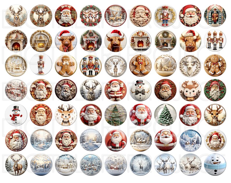 Puede incluir: Una colecci&oacute;n de im&aacute;genes redondas con tem&aacute;tica navide&ntilde;a. Los dise&ntilde;os incluyen a Pap&aacute; Noel, renos, mu&ntilde;ecos de nieve, &aacute;rboles de Navidad, hombres de jengibre y escenas invernales. La paleta de colores presenta rojo, blanco, verde y marr&oacute;n.