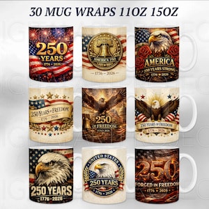 May include: Nine white ceramic mugs with patriotic designs celebrating 250 years of American history. Each mug features imagery such as the American flag, eagles, and the Liberty Bell, with text including "250 Years" and "1776-2026".