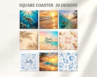 Summer Beach Square Coaster PNG, Beach Coaster Sublimation, Coastal Coaster Design, Ocean Coaster PNG, Sea Turtle Coaster,Tropical Beach PNG